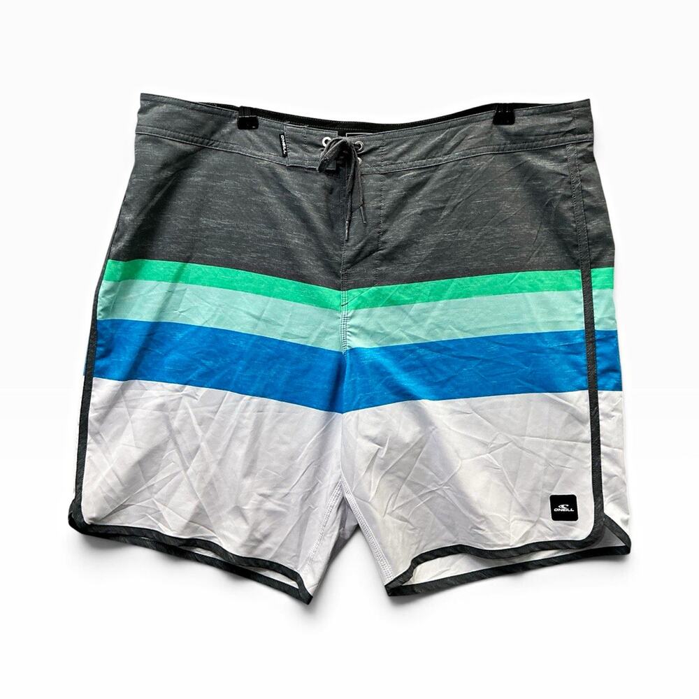 O'Neill Hyperdry Stretch Striped Board Shorts Polyester Drawstring Gray Blue 40